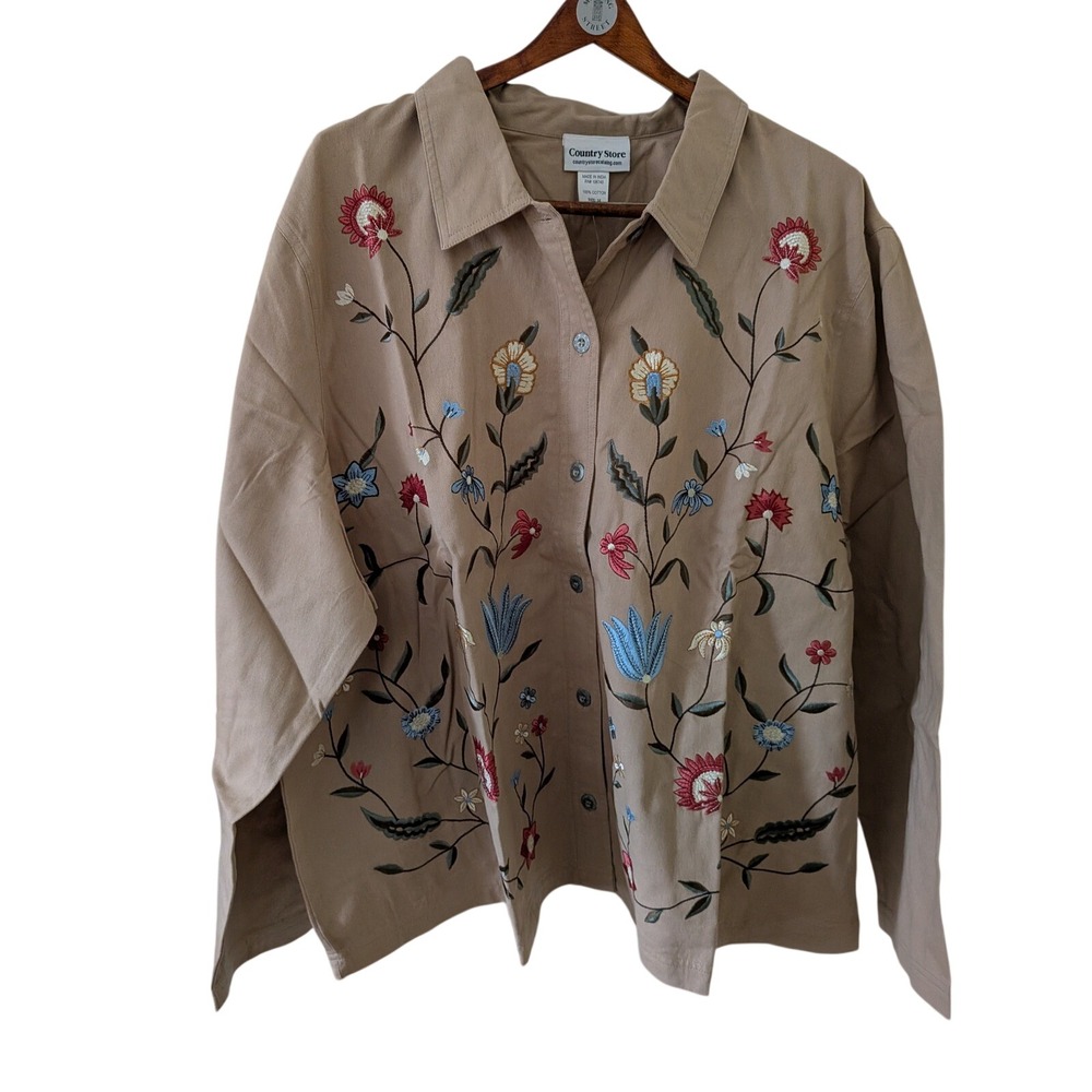 Country Store Womens 3X Tan Cotton Embroidered Floral Denim Top Jacket NIP